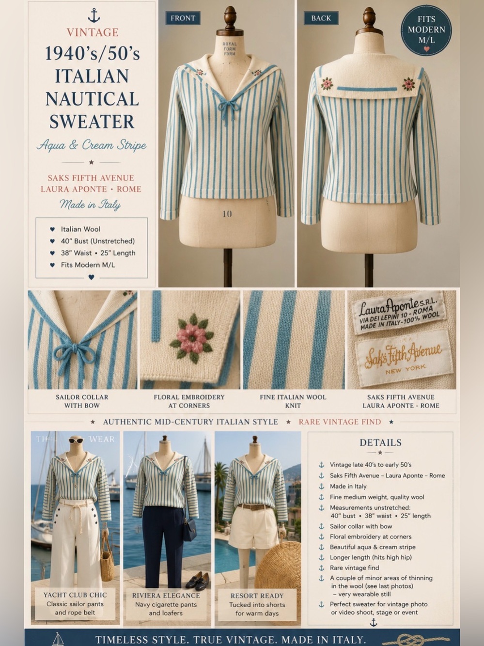 *Vintage 40’s /50’s - nautical - Italian wool sweater- aqua & cream  stripe -M/L